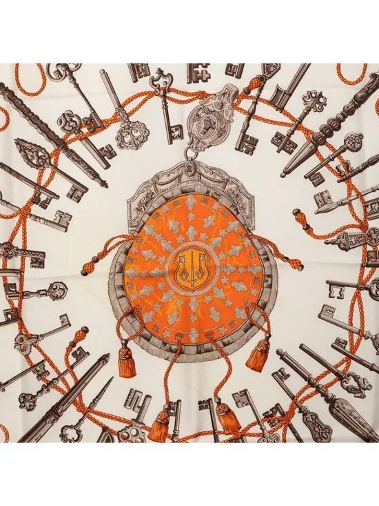 Hermes Carre 90 les Cles Key Scarf White Orange Silk - Picture 2 of 7